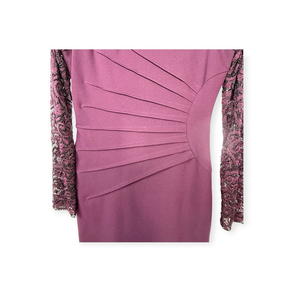 Deep Plum Sunburst Ruched Bodycon Dress Dark Vampy Romance Lace Sleeves Sz 2 - Picture 5 of 15